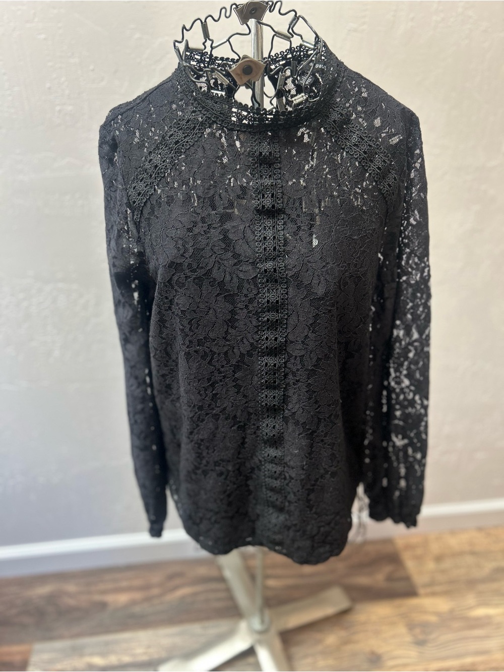Black Lace High Neck Long Sleeve Blouse Romantic Sheer Top